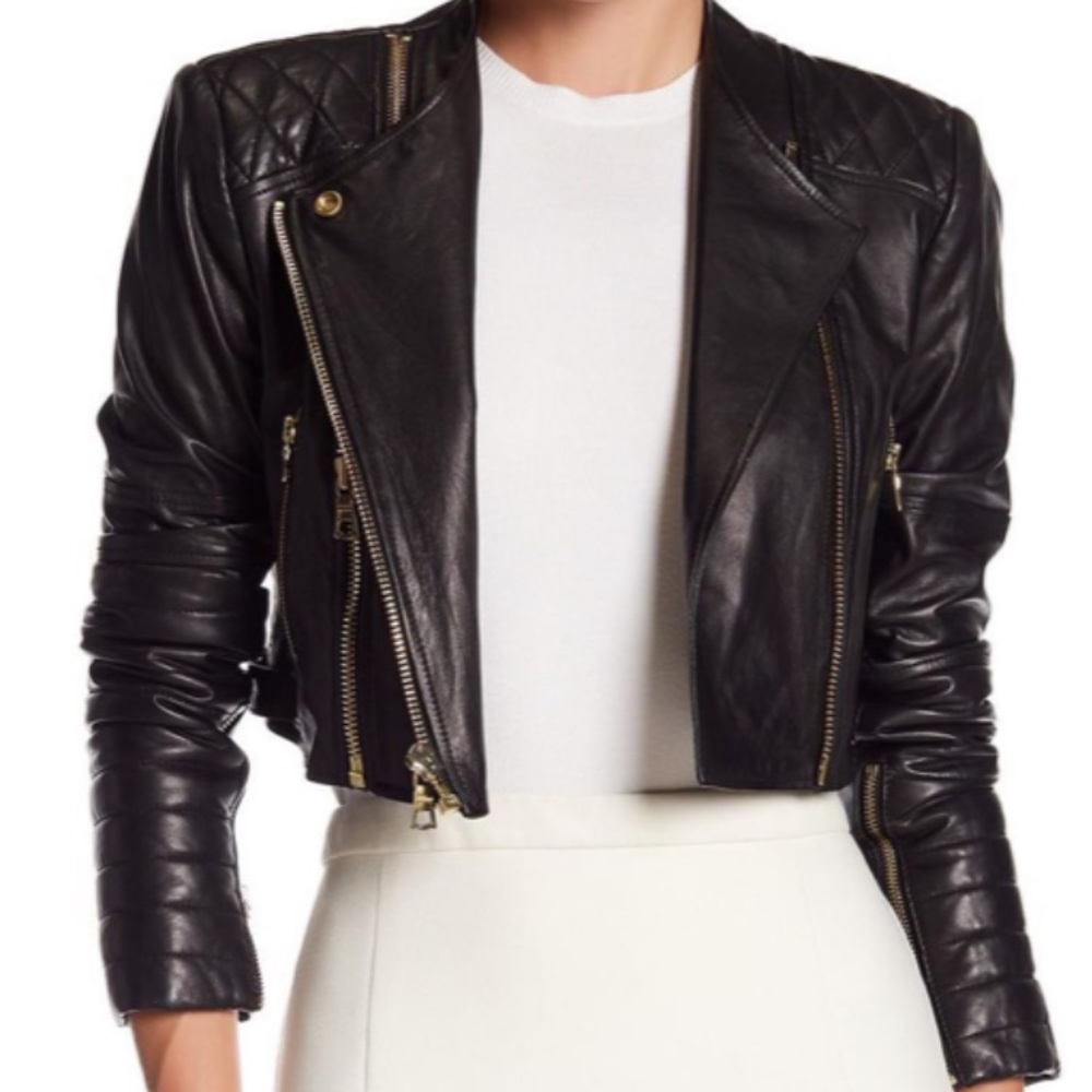Alice and Olivia black leather cropped jacket